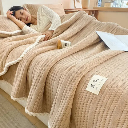 Cream plush double sided jacquard milk velvet blanket bedroom throw