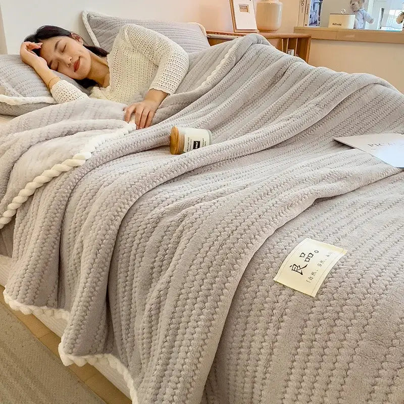 Cream plush double sided jacquard milk velvet blanket bedroom throw