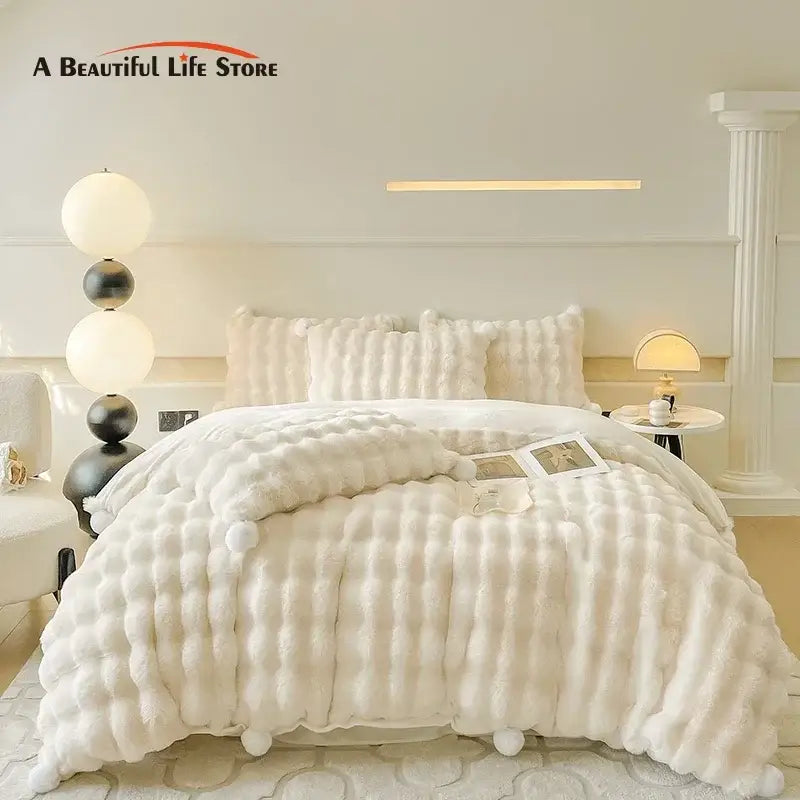 Cream plush rabbit fur bedding set – luxury bedroom duvet set