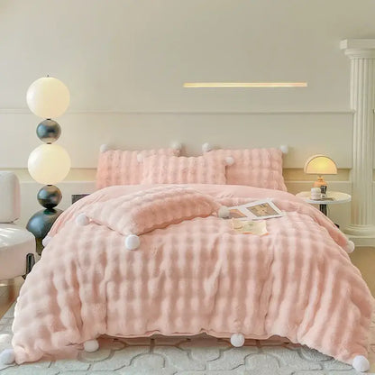 Cream plush rabbit fur bedding set – luxury bedroom duvet set