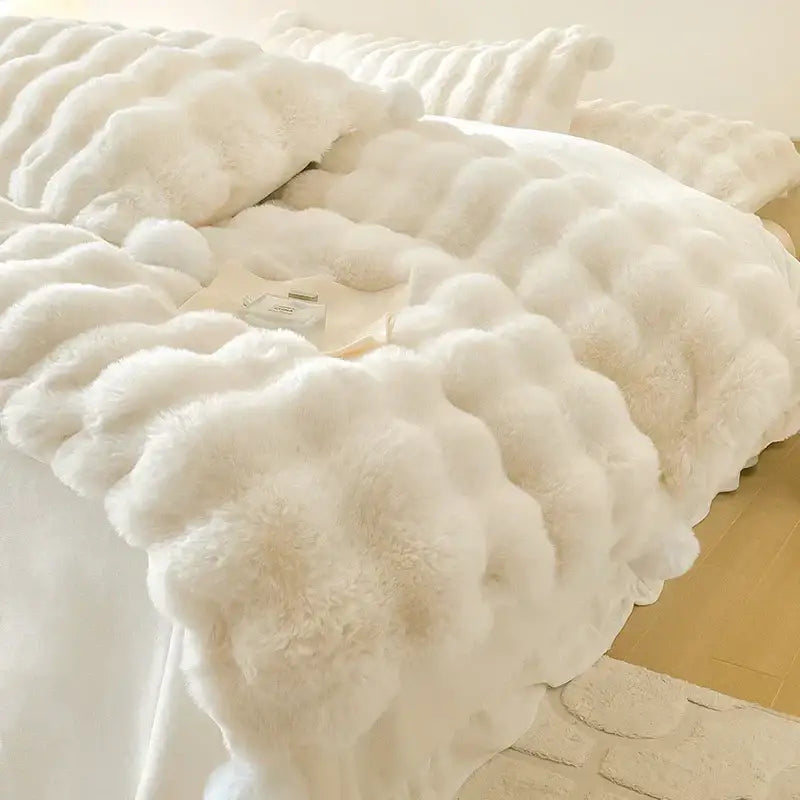 Cream plush rabbit fur bedding set – luxury bedroom duvet set