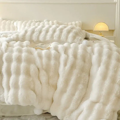 Cream plush rabbit fur bedding set – luxury bedroom duvet set
