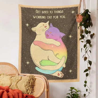 Cream & rainbow cat tapestry tarot wall hanging for bedroom