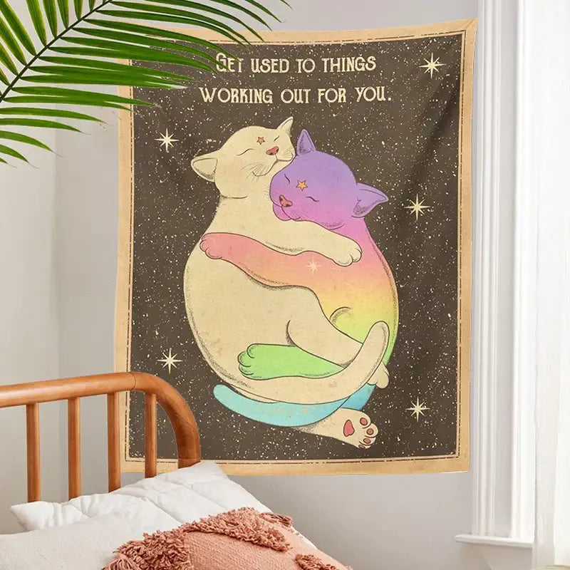 Cream & rainbow cat tapestry tarot wall hanging for bedroom