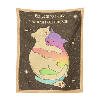 Cream & rainbow cat tapestry tarot wall hanging for bedroom