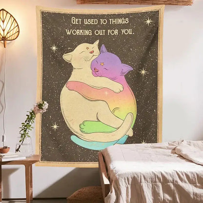 Cream & rainbow cat tapestry tarot wall hanging for bedroom