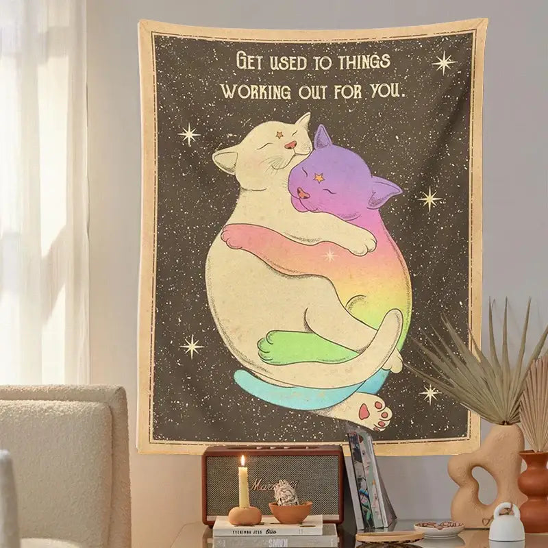 Cream & rainbow cat tapestry tarot wall hanging for bedroom