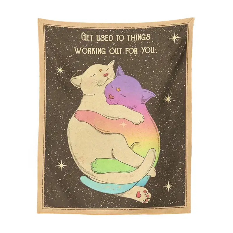 Cream & rainbow cat tapestry tarot wall hanging for bedroom