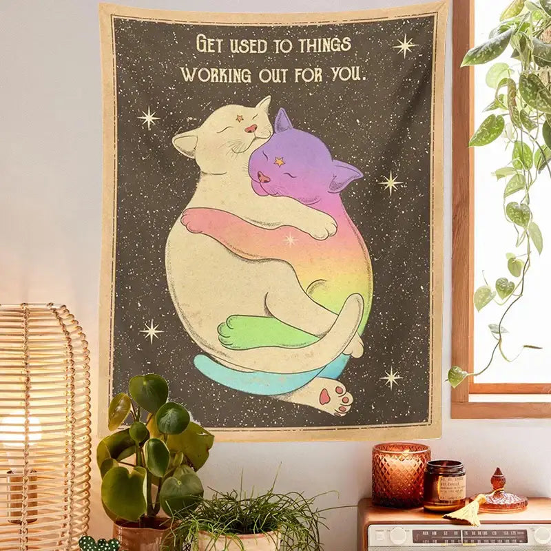 Cream & rainbow cat tapestry tarot wall hanging for bedroom