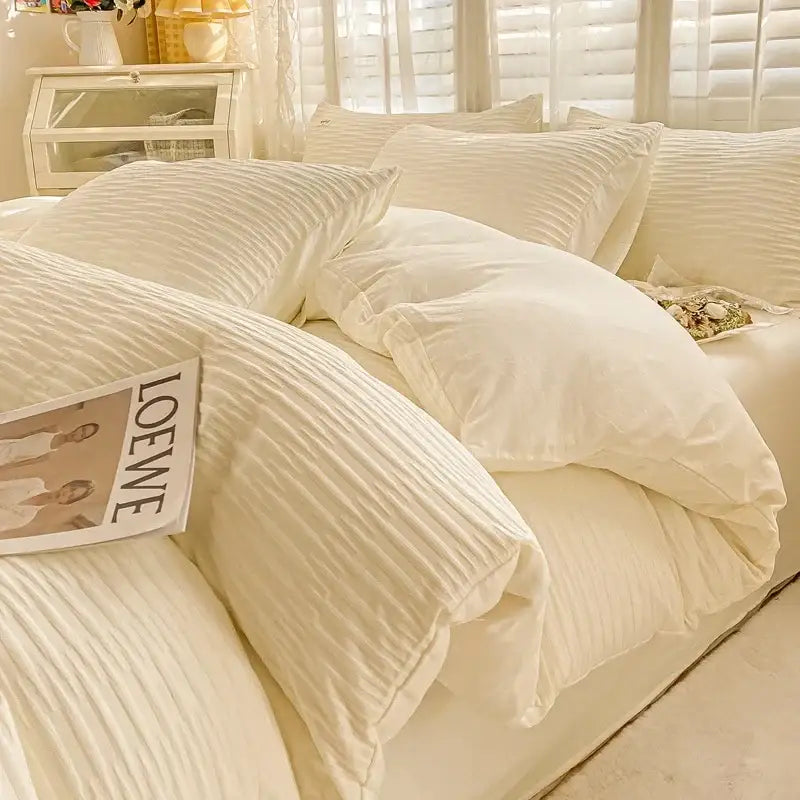 Cream ribbed bubble yarn duvet cover set bedroom bedding