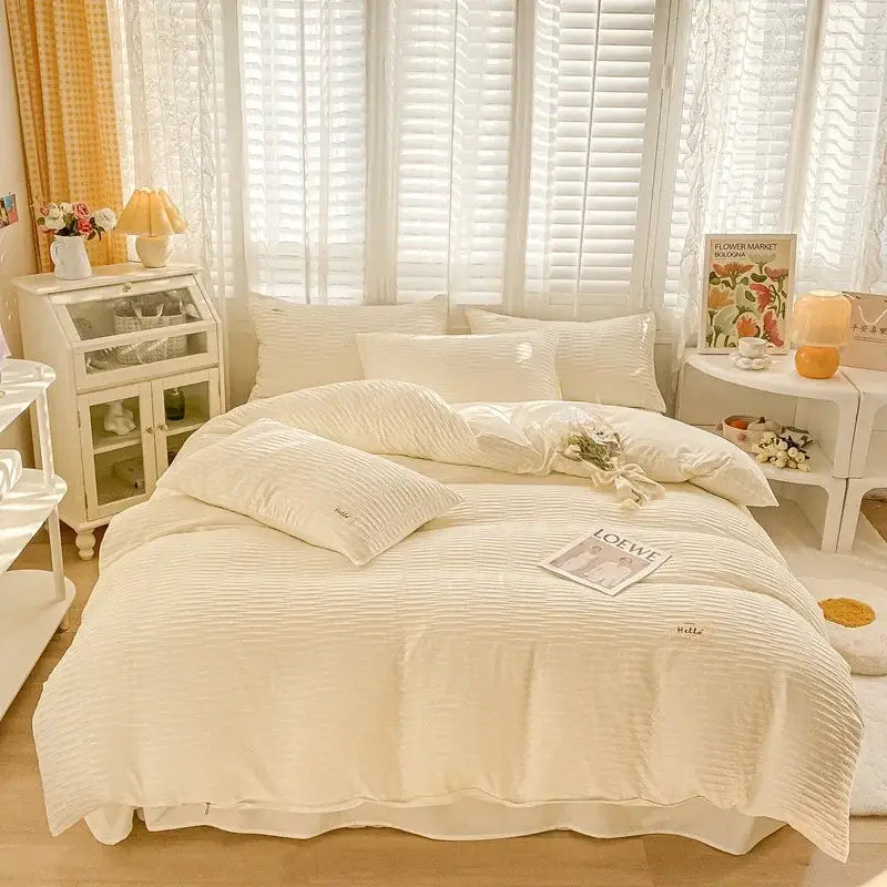 Cream ribbed bubble yarn fabric bedding set bedroom duvet cover