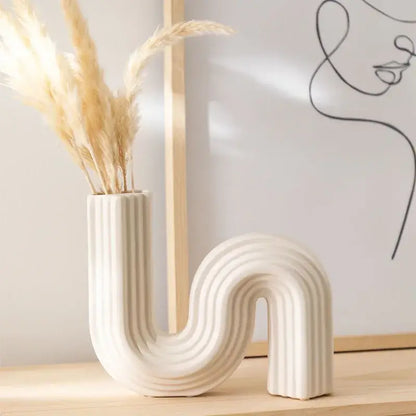 Cream ribbed geometric ceramic vase living room s shape decor