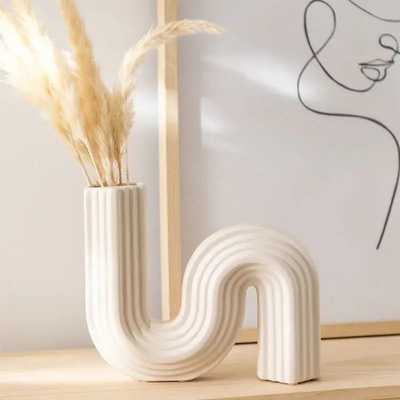 Cream ribbed geometric ceramic vase living room s shape decor
