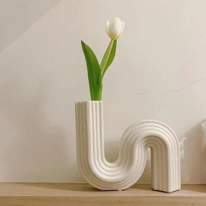 Cream ribbed geometric ceramic vase living room s shape decor