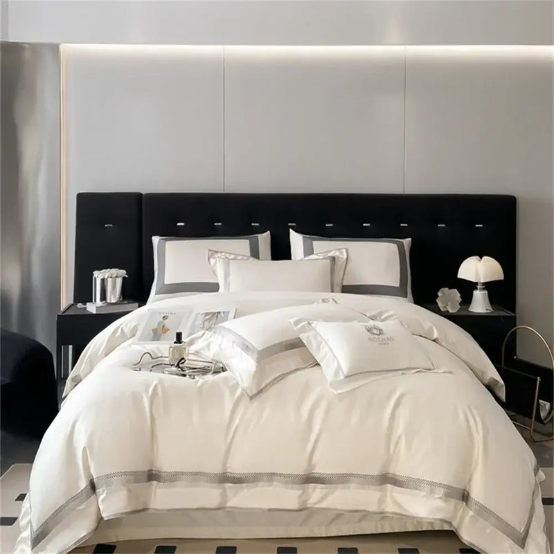 Cream satin 1000tc egyptian cotton bedding set bedroom silver piping
