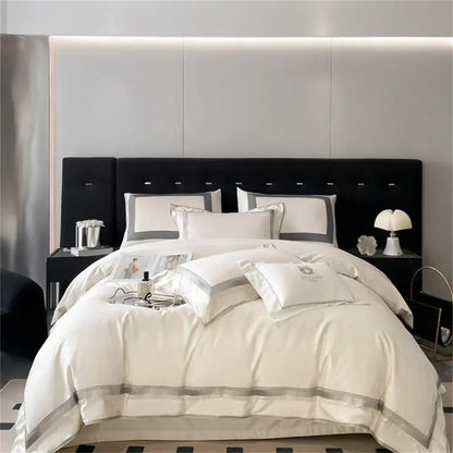 Cream satin 1000tc egyptian cotton bedding set bedroom silver piping