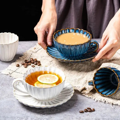 Cream scalloped ceramic afternoon tea cup and saucer dining room set