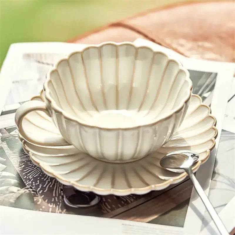 Cream scalloped ceramic afternoon tea cup and saucer dining room set
