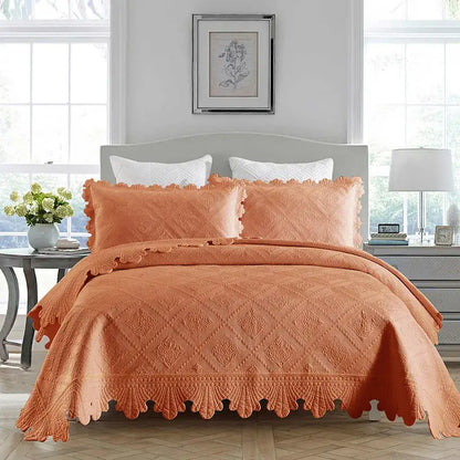 Cream scalloped diamond cotton embroidery quilt set bedroom bedspread