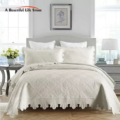 Cream scalloped diamond cotton embroidery quilt set bedroom bedspread