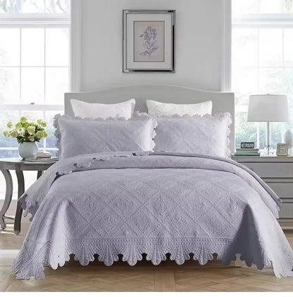 Cream scalloped diamond cotton embroidery quilt set bedroom bedspread