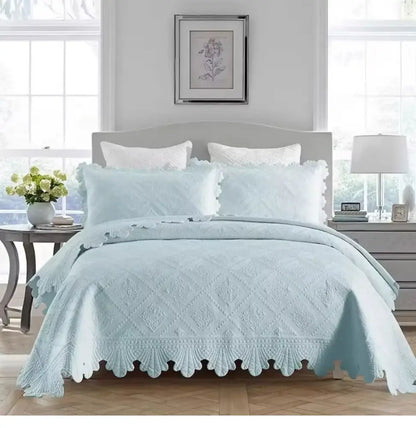 Cream scalloped diamond cotton embroidery quilt set bedroom bedspread