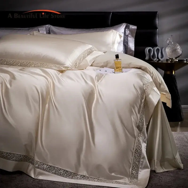 Cream & silver damask lyocell cotton bedding set bedroom lace trim