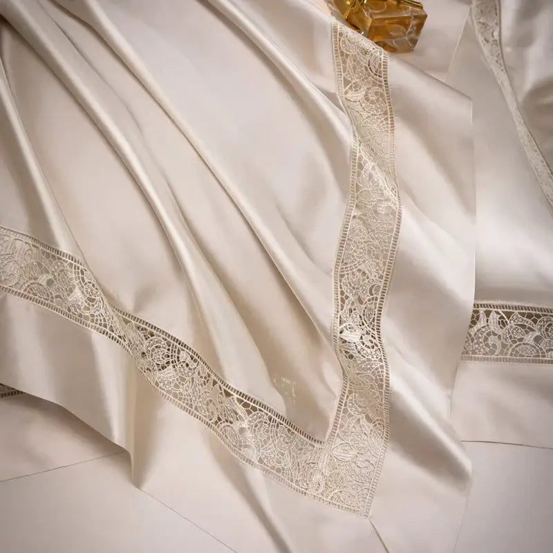 Cream & silver damask lyocell cotton bedding set bedroom lace trim