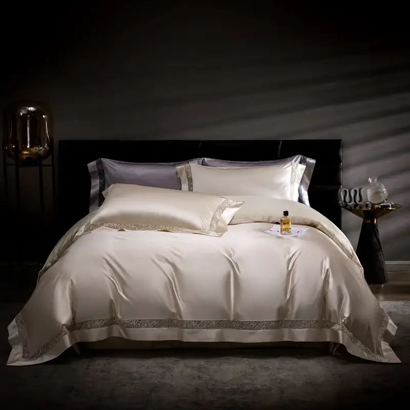 Cream & silver damask lyocell cotton bedding set bedroom lace trim