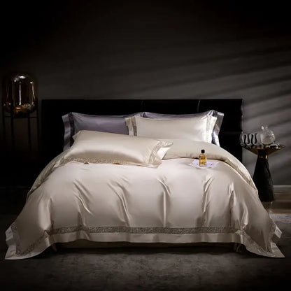 Cream & silver damask lyocell cotton bedding set bedroom lace trim