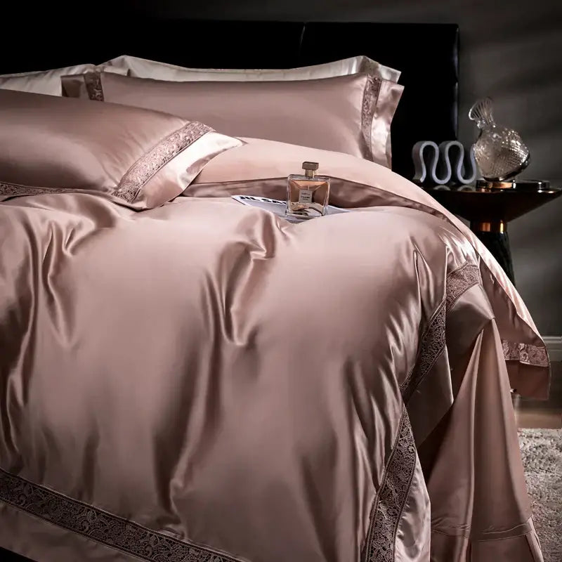 Cream & silver damask lyocell cotton bedding set bedroom lace trim