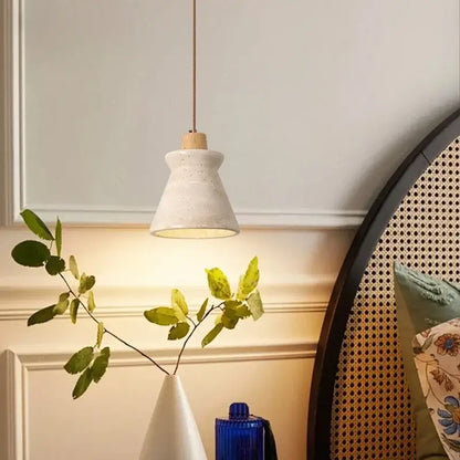 Cream speckled ceramic and led wood yellow pendant light bedroom