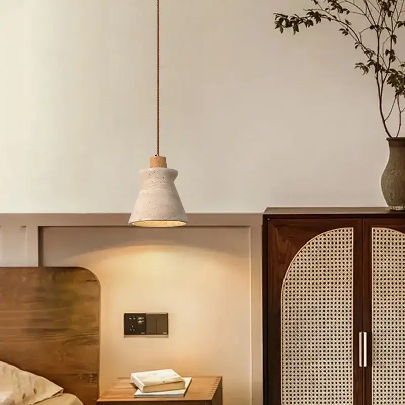 Cream speckled ceramic and led wood yellow pendant light bedroom