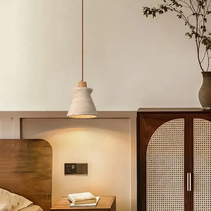 Cream speckled ceramic and led wood yellow pendant light bedroom