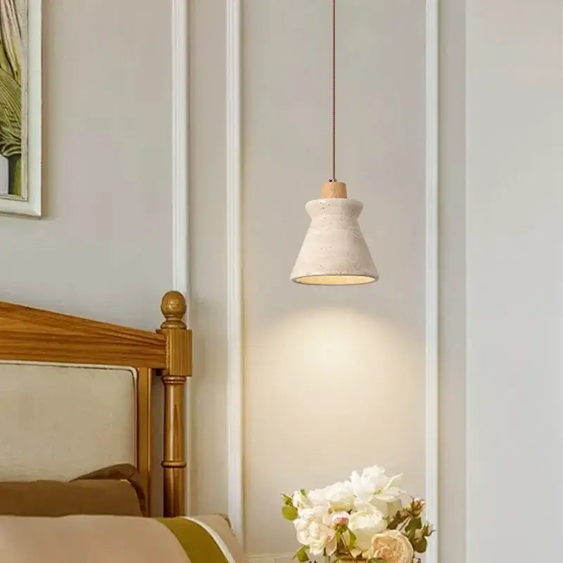 Cream speckled ceramic and led wood yellow pendant light bedroom