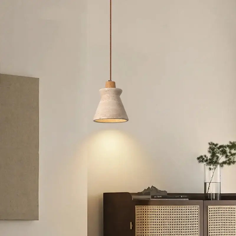 Cream speckled ceramic and led wood yellow pendant light bedroom