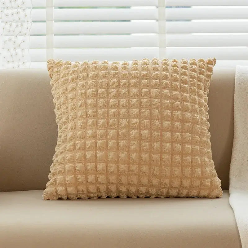 Cream style elastic puff plaid cushion cover living room decor
