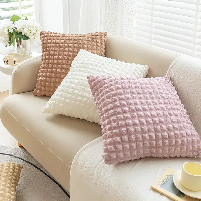 Cream style elastic puff plaid cushion cover living room decor