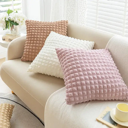 Cream style elastic puff plaid cushion cover living room decor