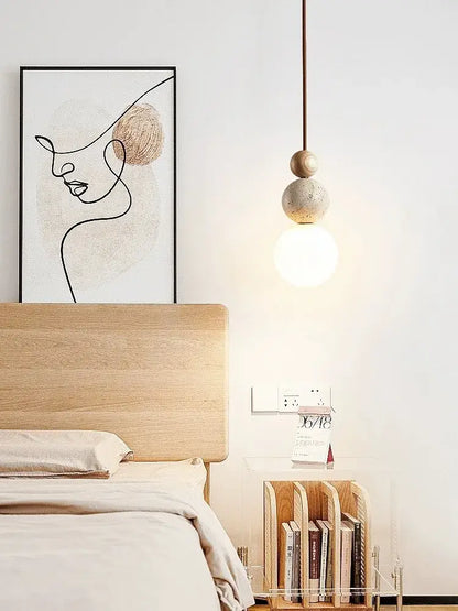Cream style led pendant lamp stone and wood bedroom light