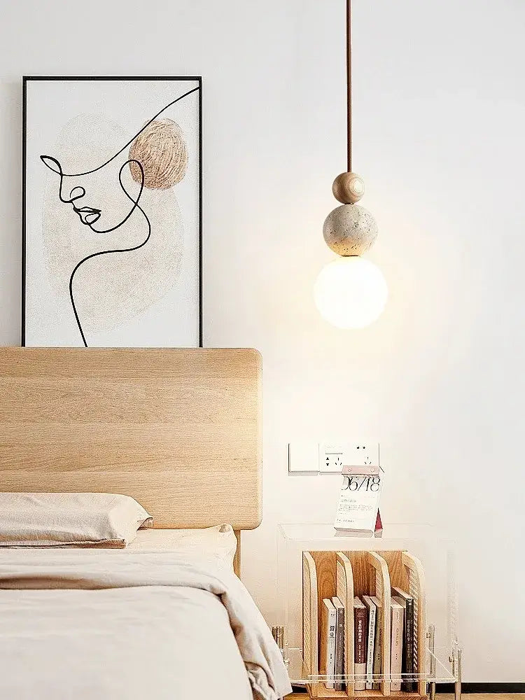Cream style led pendant lamp stone and wood bedroom light