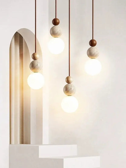 Cream style led pendant lamp stone and wood bedroom light