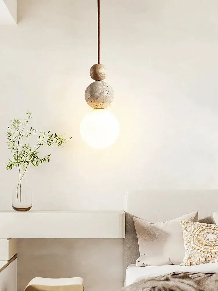 Cream style led pendant lamp stone and wood bedroom light
