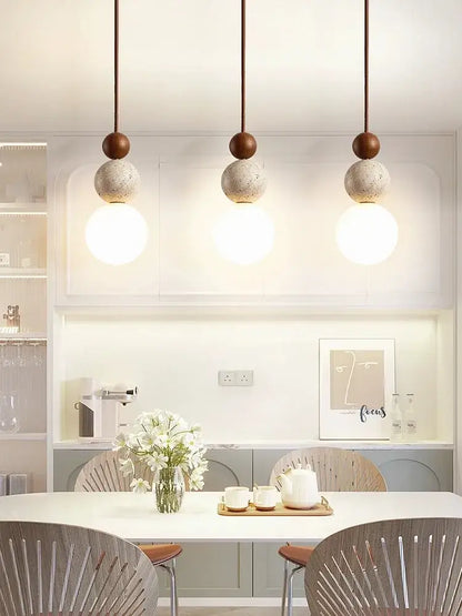 Cream style led pendant lamp stone and wood bedroom light