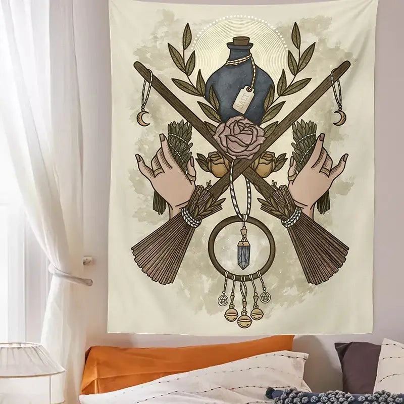 Cream tarot witchcraft tapestry bedroom occult wall decor