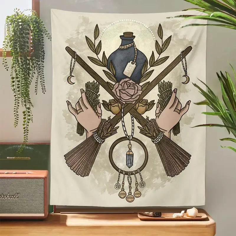 Cream tarot witchcraft tapestry bedroom occult wall decor