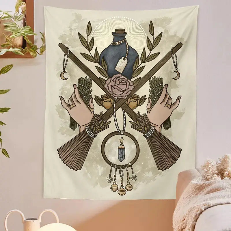 Cream tarot witchcraft tapestry bedroom occult wall decor