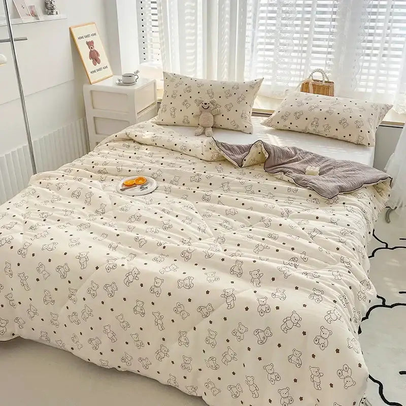 Cream teddy bear breathable double gauze quilt bedroom bedding