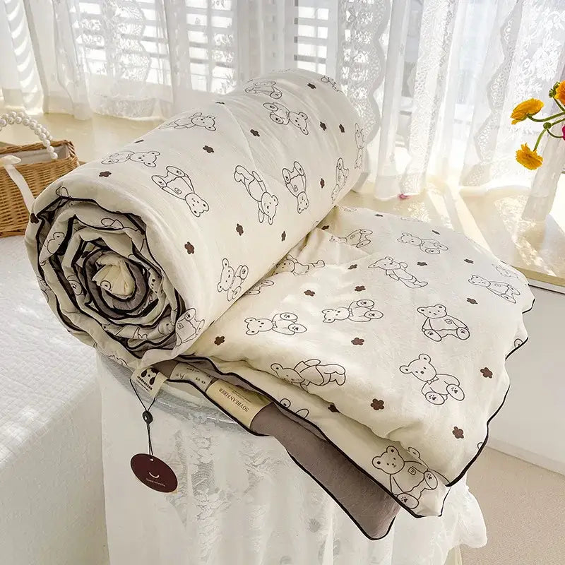Cream teddy bear double layered soya fibre quilt bedroom comforter