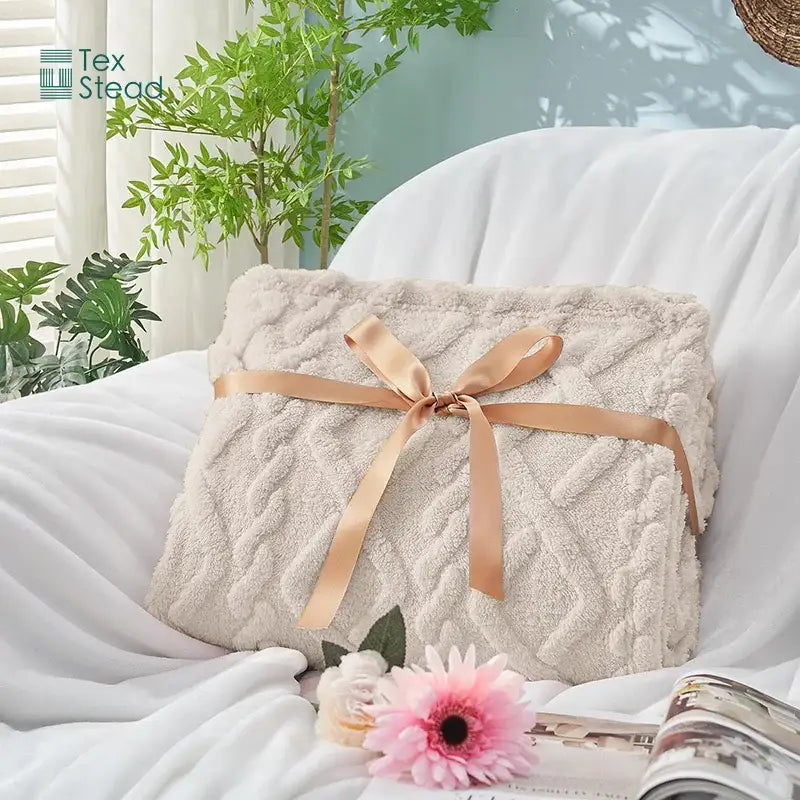 Cream textured cable knit blanket bedroom cozy knit blanket